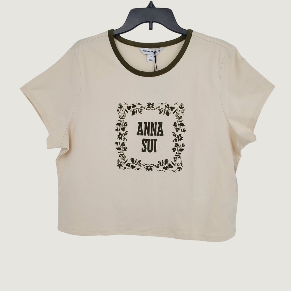 Old Navy Anna Sui Ringer T-Shirt XL Cream Olive Green Floral Graphic 100% Cotton